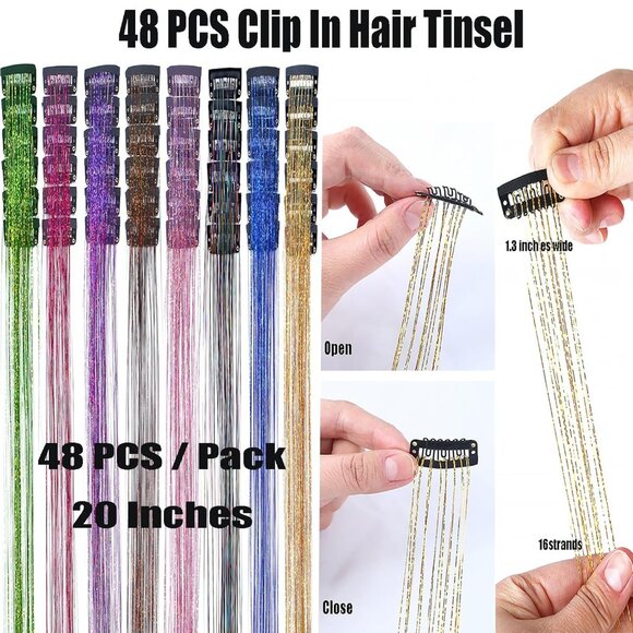 48pcs Rainbow Fairy Hair Tinsel Extensions Clip in Glitter 20 Inch for Girls Wom - Picture 3 of 5